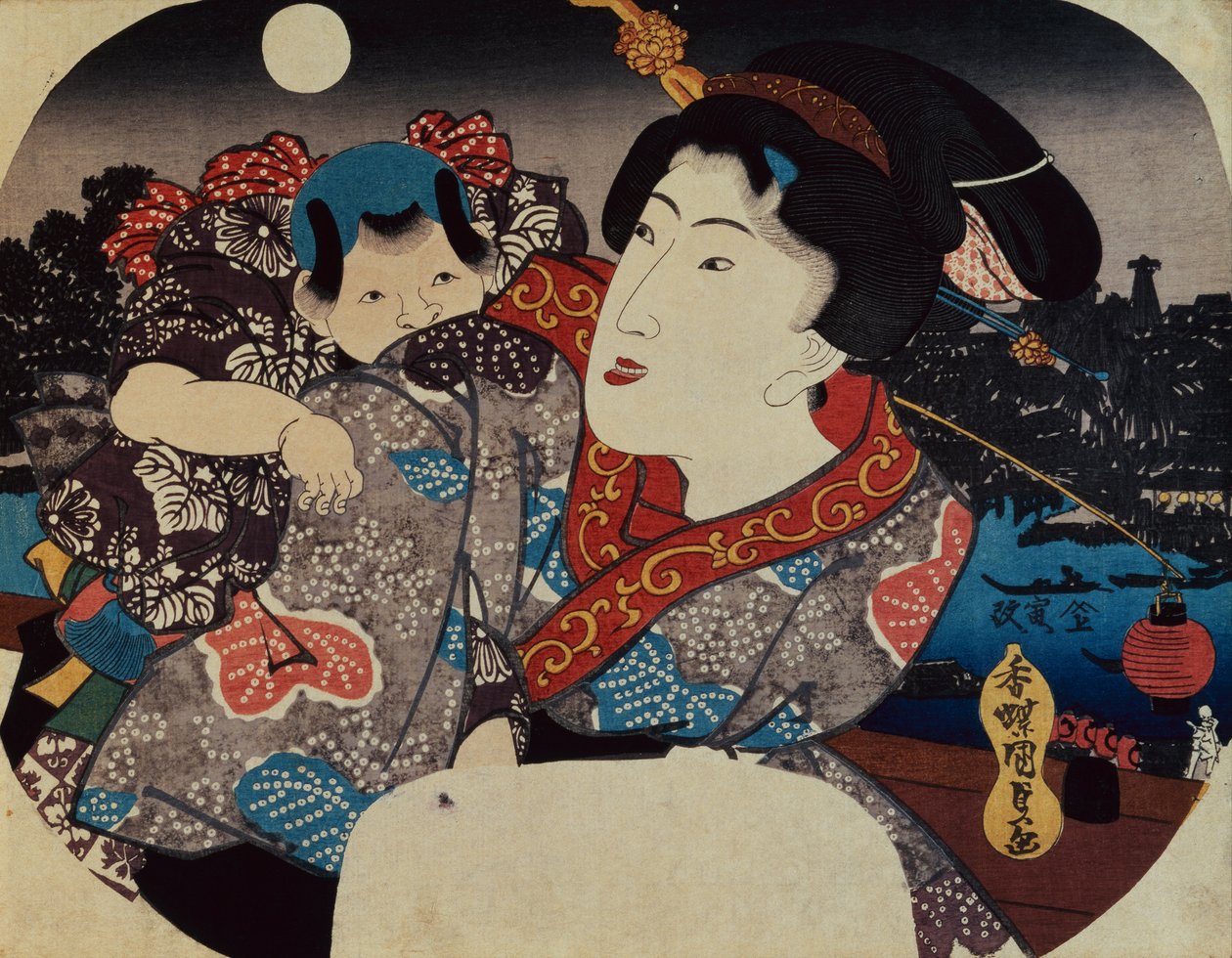 Kobieta niosąca dziecko na plecach (drewnodruk) autorstwa Utagawa Kunisada