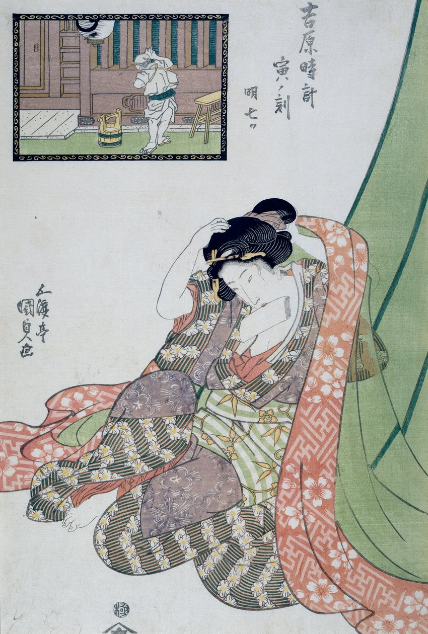 Godzina smoka, od piątej do siódmej godziny poranka, Ca 1818, Ukiyo-e grafika Utagawa Kunisada (1786-1865) z Dwunastu godzin w Yoshiwara, drzeworyt Oban-tate-e, 37x24,9 cm autorstwa Utagawa Kunisada
