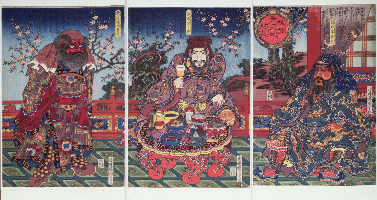 Przyrzeczenie lojalności w sadzie brzoskwiniowym (kolorowy drzeworyt) autorstwa Utagawa Kunisada
