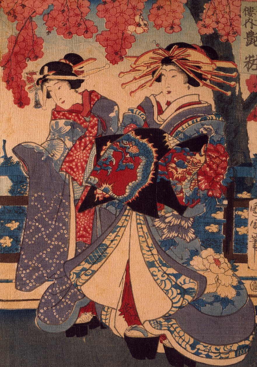 Dwie kobiety w ogrodzie kwiatowym, reż. Utagawa Kunisada, drzeworyt, technika kreponu autorstwa Utagawa Kunisada