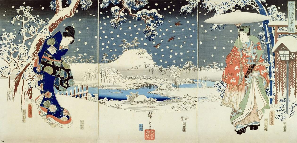 Scena śnieżna w ogrodzie Daimyo (tryptyk) autorstwa Utagawa  Hiroshige and Kunisada