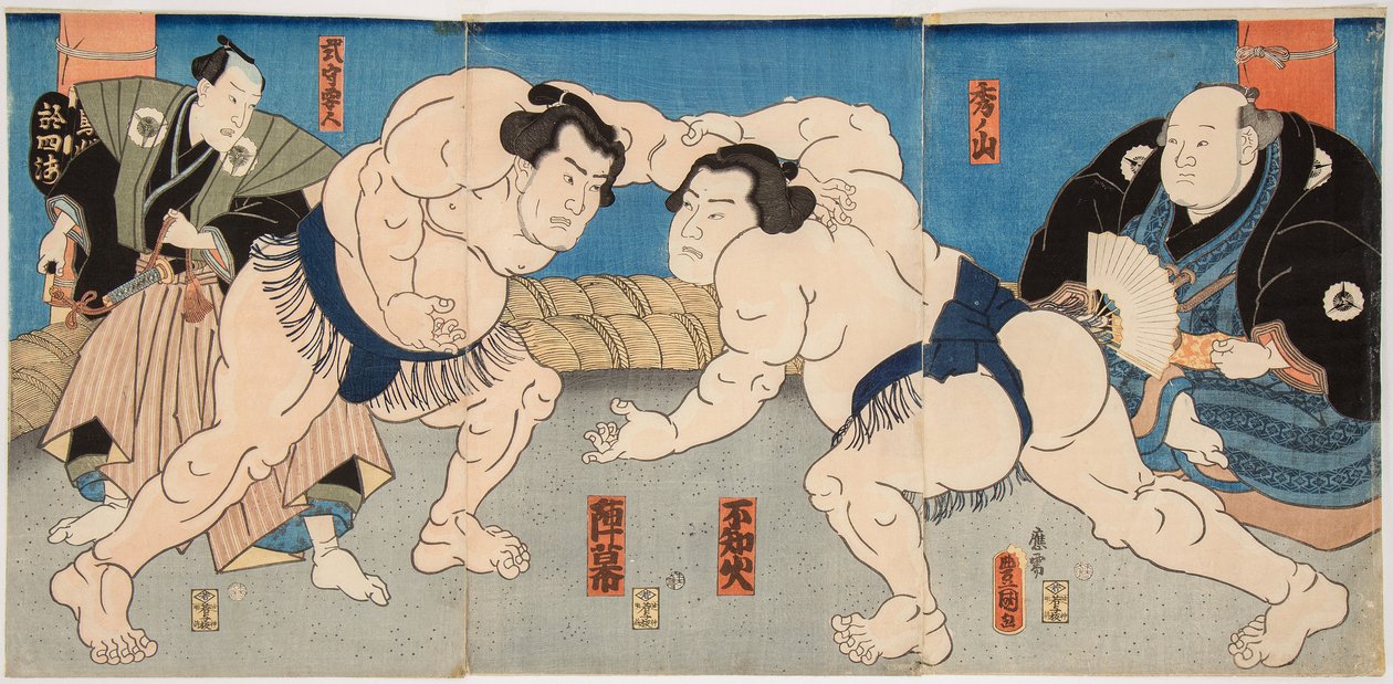Combat des lutteurs de sumo Shiranui et Jimmaku Estampe de Utagawa Kunisada (1786-1865), wers 1860 – Mecz zapaśniczy Shiranui vs Jimmaku, Kunisada (Toyokuni III), Utagawa (1786-1865). autorstwa Utagawa Kunisada