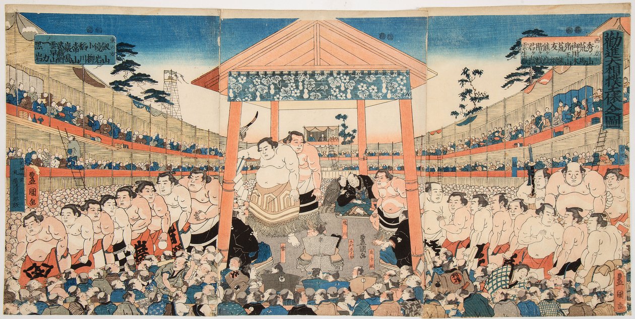 Kanjin Ozumo (pochód zapaśników sumo na walkę na zbiórkę pieniędzy). Rycina Utagawa Kunisada (1786-1865) - Kanjin Ozumo, autorstwa Kunisada (Toyokuni III), Utagawa (1786-1865). Drzeworyt barwny, ok. 1850. Wymiary: 37,5x75,5 cm. Prywatna kolekcja autorstwa Utagawa Kunisada