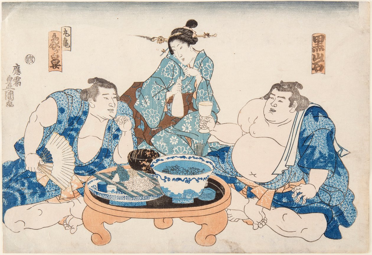Zapaśnicy sumo Kuroiwa i Zogahana z gejszą. Rycina Utagawy Kunisada (1786-1865) autorstwa Utagawa Kunisada