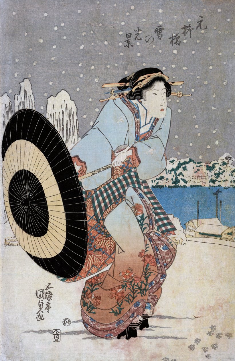 Scena nocnego śniegu na moście Motonoyanagi, ok. 1825 (odbitka drzeworytowa) autorstwa Utagawa Kunisada