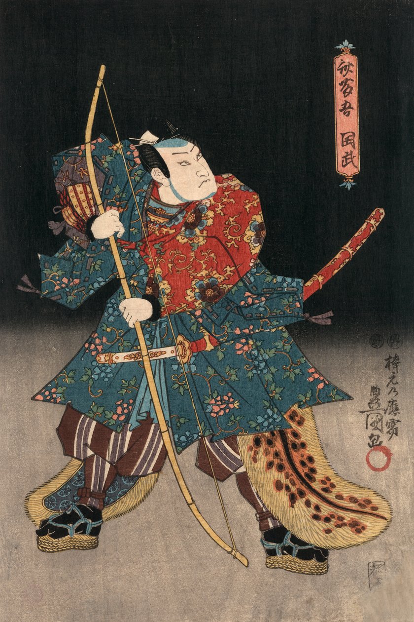 Ukiyo-e nadruk przedstawiający aktora grającego samuraja autorstwa Kunisada autorstwa Utagawa Kunisada