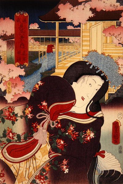 Hanano Enbansho Katsuragi Genji Mitate Hakkei no Uchi (Fower Banke t, Eening g Bell: Katsuragi), ok. godz. 1808-58 autorstwa Utagawa Kunisada