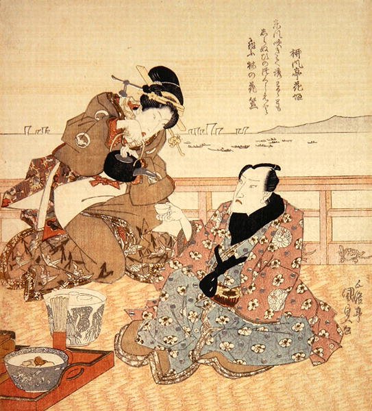 Onoe Kikugoro III pijący herbatę w Shinagawa, ok. 1825 (kolorowy drzeworyt) (patrz także 282741) autorstwa Utagawa Kunisada