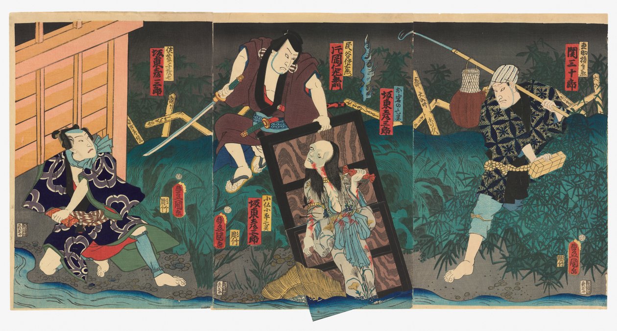 Seki Sanjūrō III jako Naosuke Gonbei (R), Kataoka Nizaemon VIII jako Tamiya Iemon (C) i Bandō Hikosaburō V jako duch Oiwy (Oiwa no bōrei) i duch Kobotoke Kohei (Kobotoke Kohei bōrei) (C) oraz Bandō Hikosaburō V jako Satō Yomoshichi (L). autorstwa Utagawa (1786 1865) Kunisada