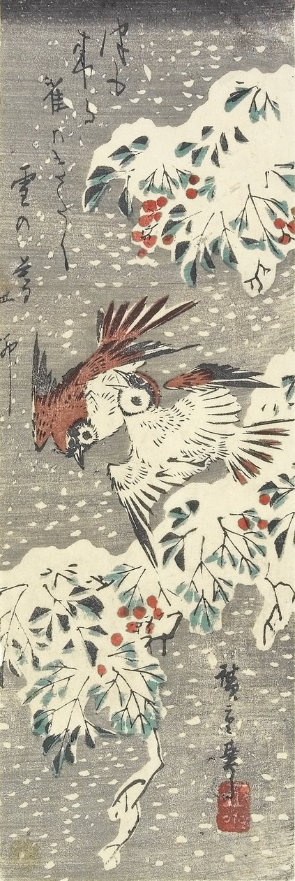 (Niebiański bambus i wróble w śniegu), 1830-1858 autorstwa Utagawa Hiroshige