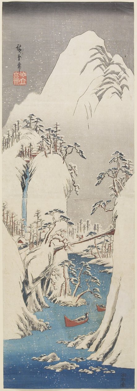 (Wąwóz Kiso w Śniegu), ok. godz. 1840-1842 autorstwa Utagawa Hiroshige