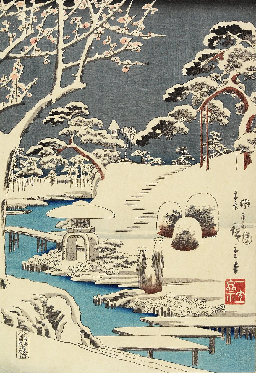 (ogród pokryty śniegiem), grudzień 1854 autorstwa Utagawa Hiroshige