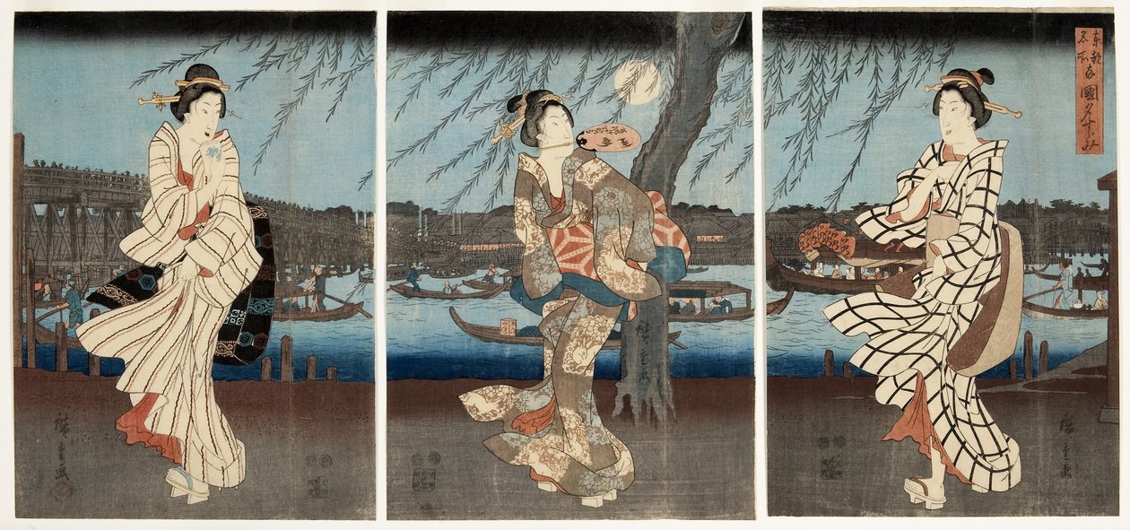 Chłodny letni wieczór w Ryogoku, 1848-51 (drzeworyt) autorstwa Utagawa Hiroshige