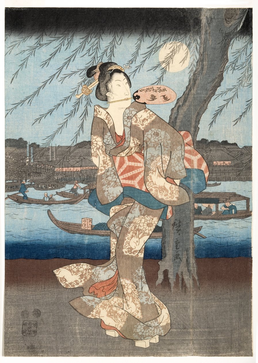 Chłodny letni wieczór w Ryogoku, 1848-51 (drzew) autorstwa Utagawa Hiroshige