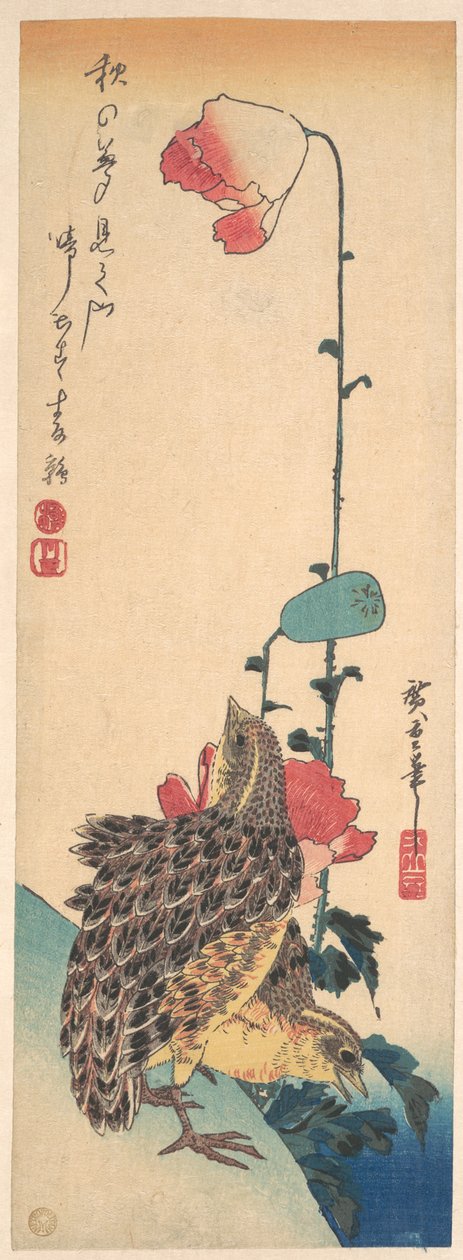 Para przepiórek i maków autorstwa Utagawa Hiroshige