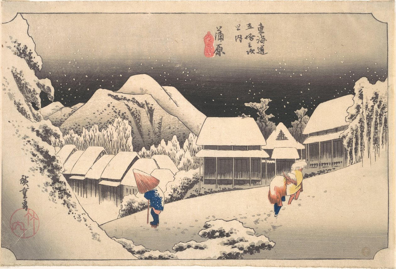 Śnieżny wieczór na stacji Kanbara autorstwa Utagawa Hiroshige