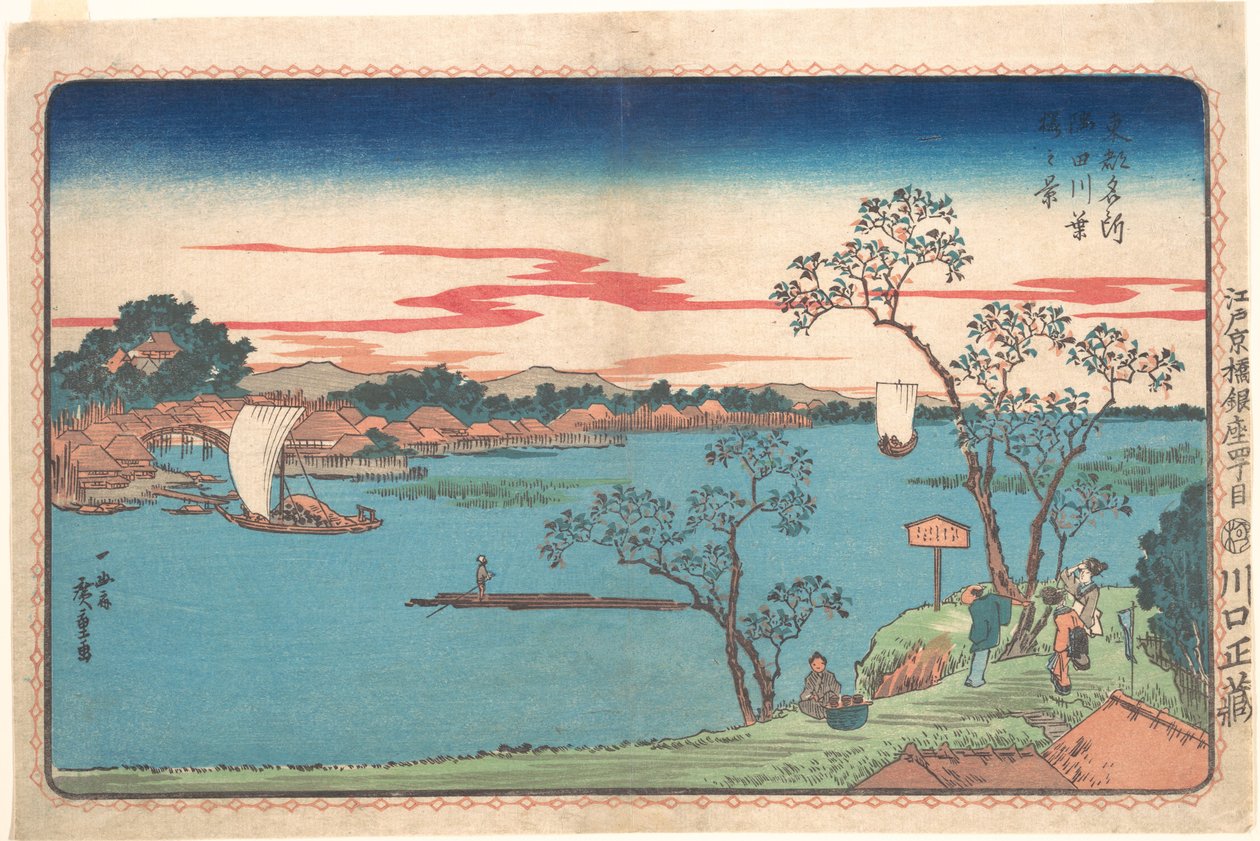 Widok na ulistnione wiśnie nad rzeką Sumidą autorstwa Utagawa Hiroshige