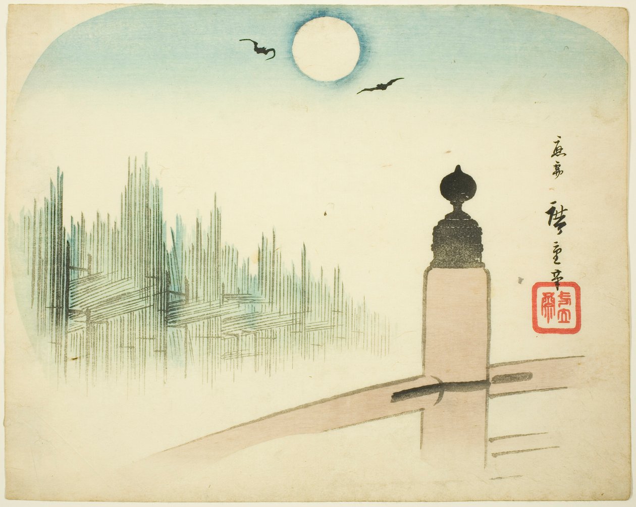 Widok na składy drewna z mostu autorstwa Utagawa Hiroshige