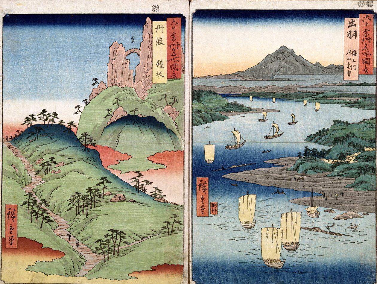 Pejzaż i pejzaż morski, dwa widoki z cyklu „60-Dziwne słynne widoki prowincji”, wyd. Kosheihei, 1853, (kolorowy drzeworyt) autorstwa Utagawa Hiroshige
