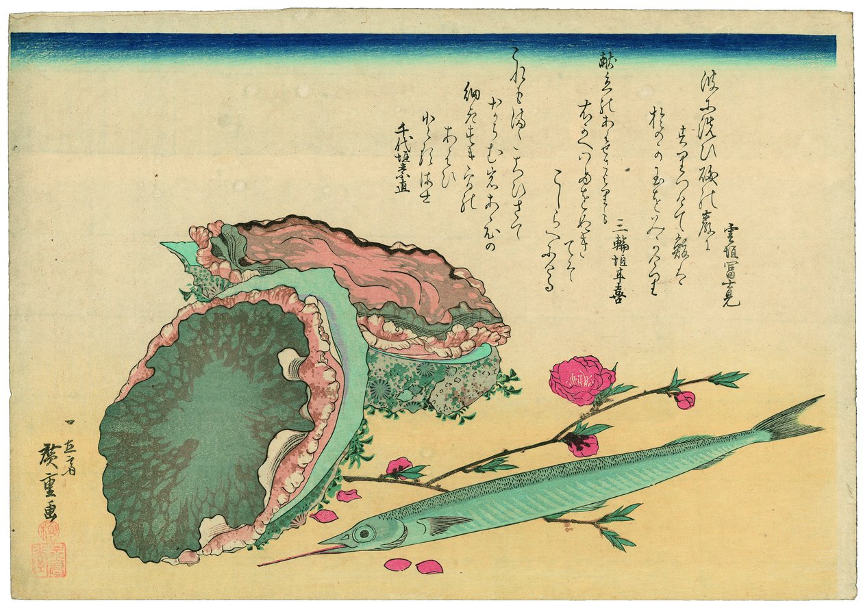 Ucho morskie, półdzióbek i kwiaty brzoskwini autorstwa Utagawa Hiroshige