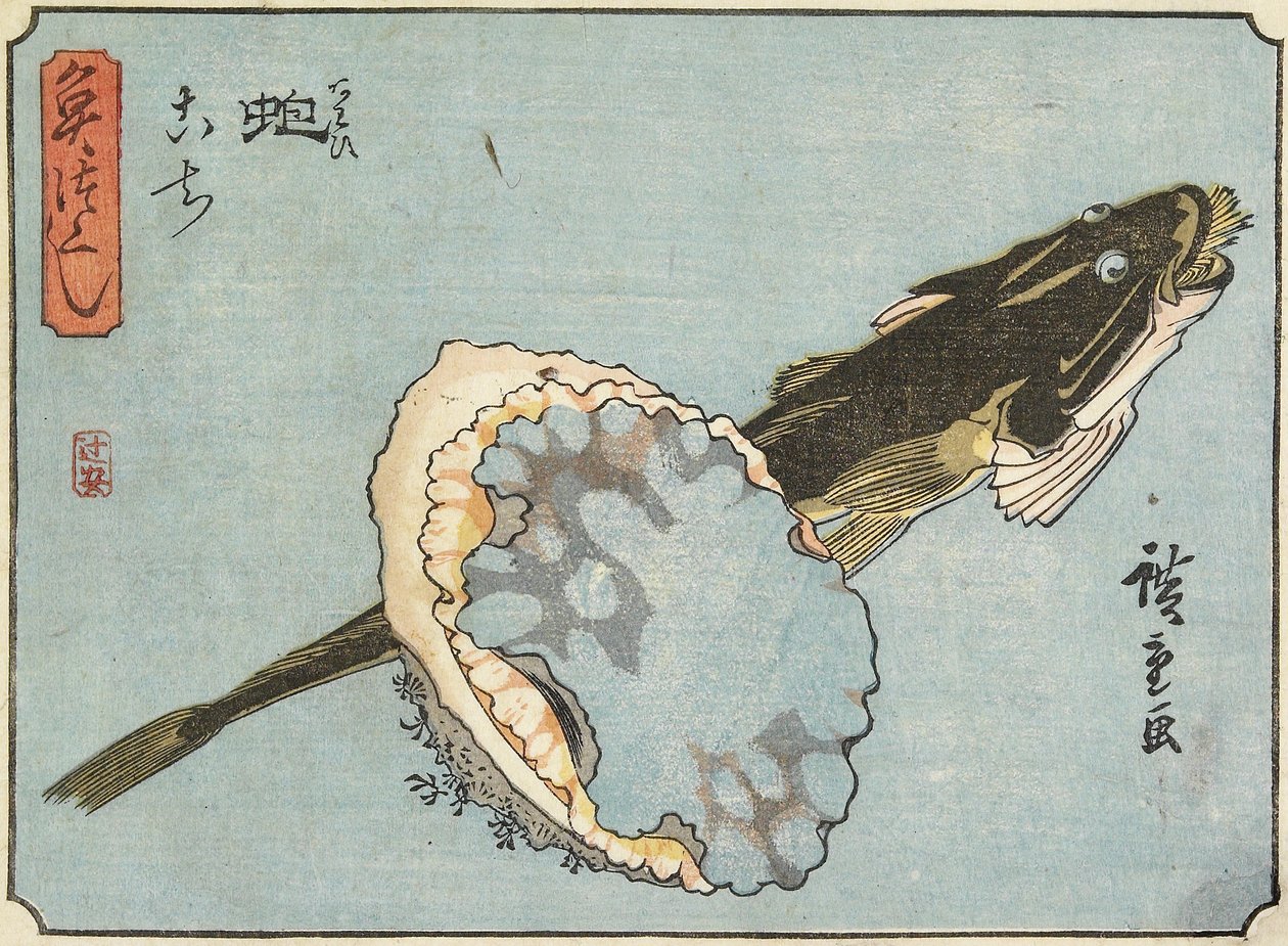 Abalone i Płaskogłowy, 1830-1844 autorstwa Utagawa Hiroshige