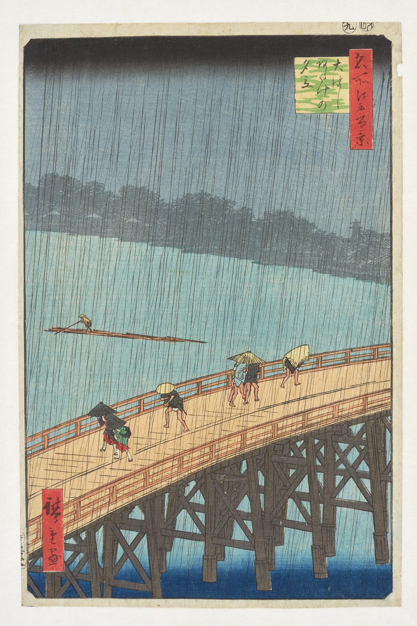 Wieczorny deszcz nad Wielkim Mostem w Atake, z serii „Sto słynnych widoków Edo” autorstwa Utagawa Hiroshige