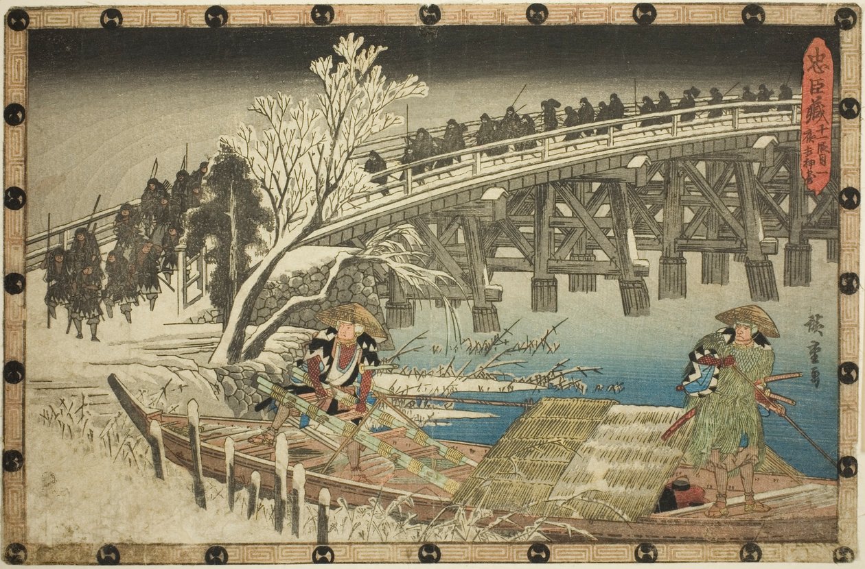 Akt 11, część 1: Podejście do nocnego ataku (Juichidanme ichi, yochi oshiyose), z serialu „Zemsta lojalnych podwładnych (Chushingura)” autorstwa Utagawa Hiroshige