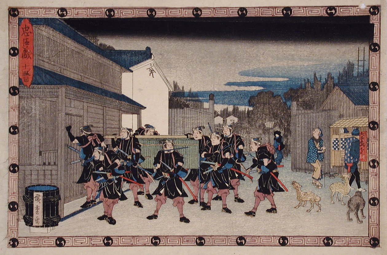 Akt X: Ronin niosący kosz, w którym ukrywa się Yuranosuke, wchodzi do domu Giheia autorstwa Utagawa Hiroshige