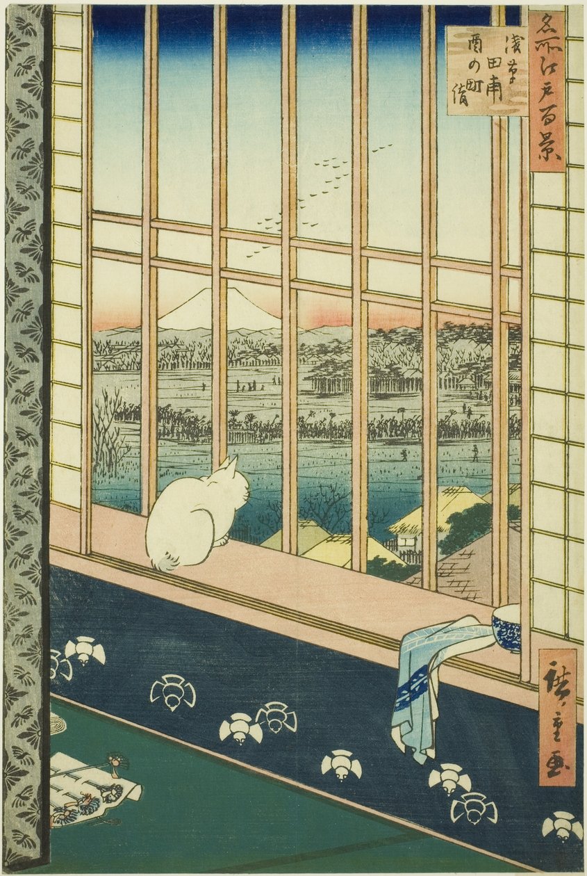 Asakusa lycee Fie lds plan d town feschival (wymienione jest również miasto łowisk ryżowych Asakusa), z serii s „Ridge dre d fa net views Edo (słynne miejsce 100 widoków Edo)” autorstwa Utagawa Hiroshige