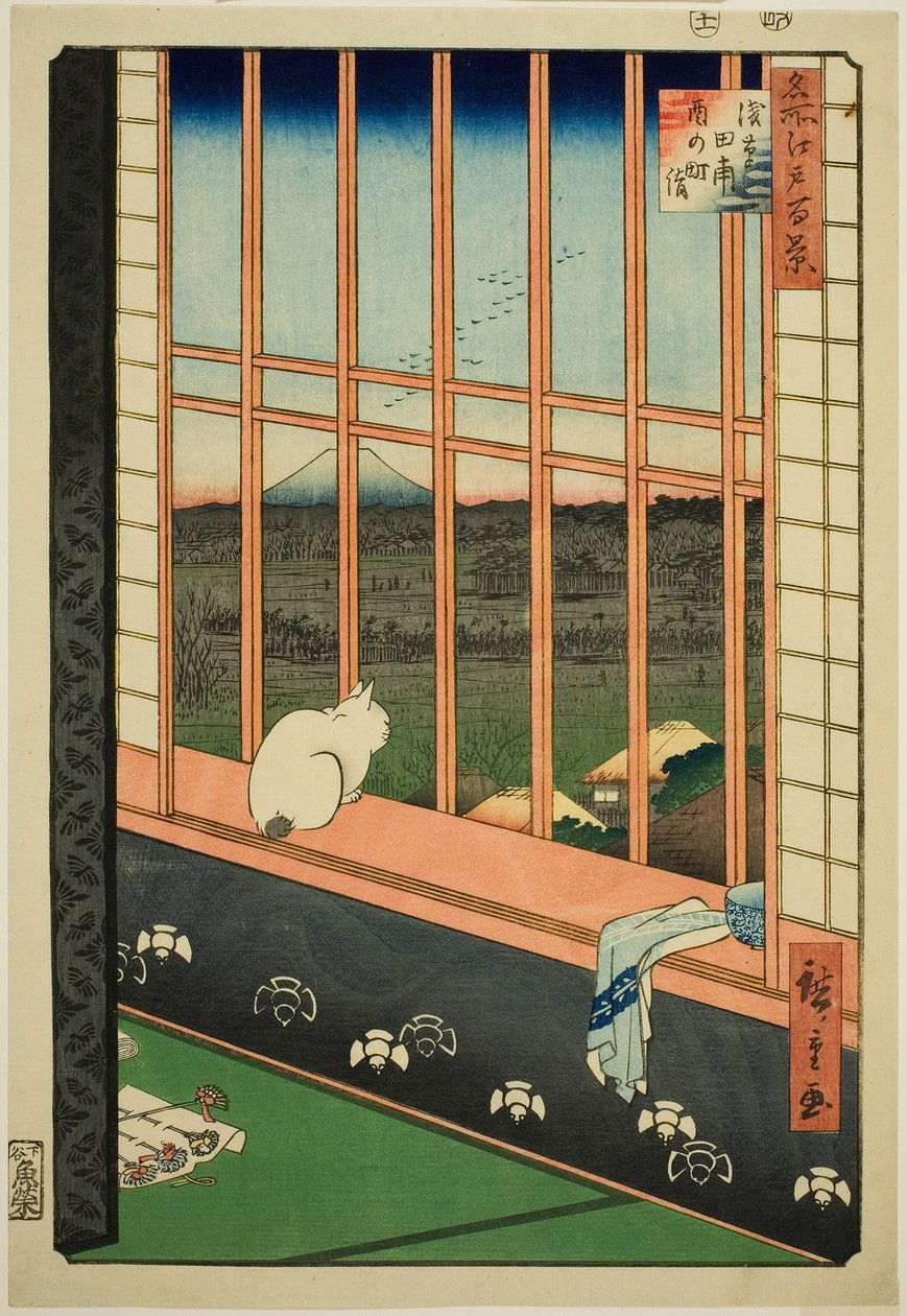 Asakusa lycee Fie lds plan d miasta feschival (wymienione jest również miasto łowienia pól ryżowych Asakusa), z serii „Ridge d red fa net views f Edo (słynne miejsce 100 widoków Edo)” autorstwa Utagawa Hiroshige