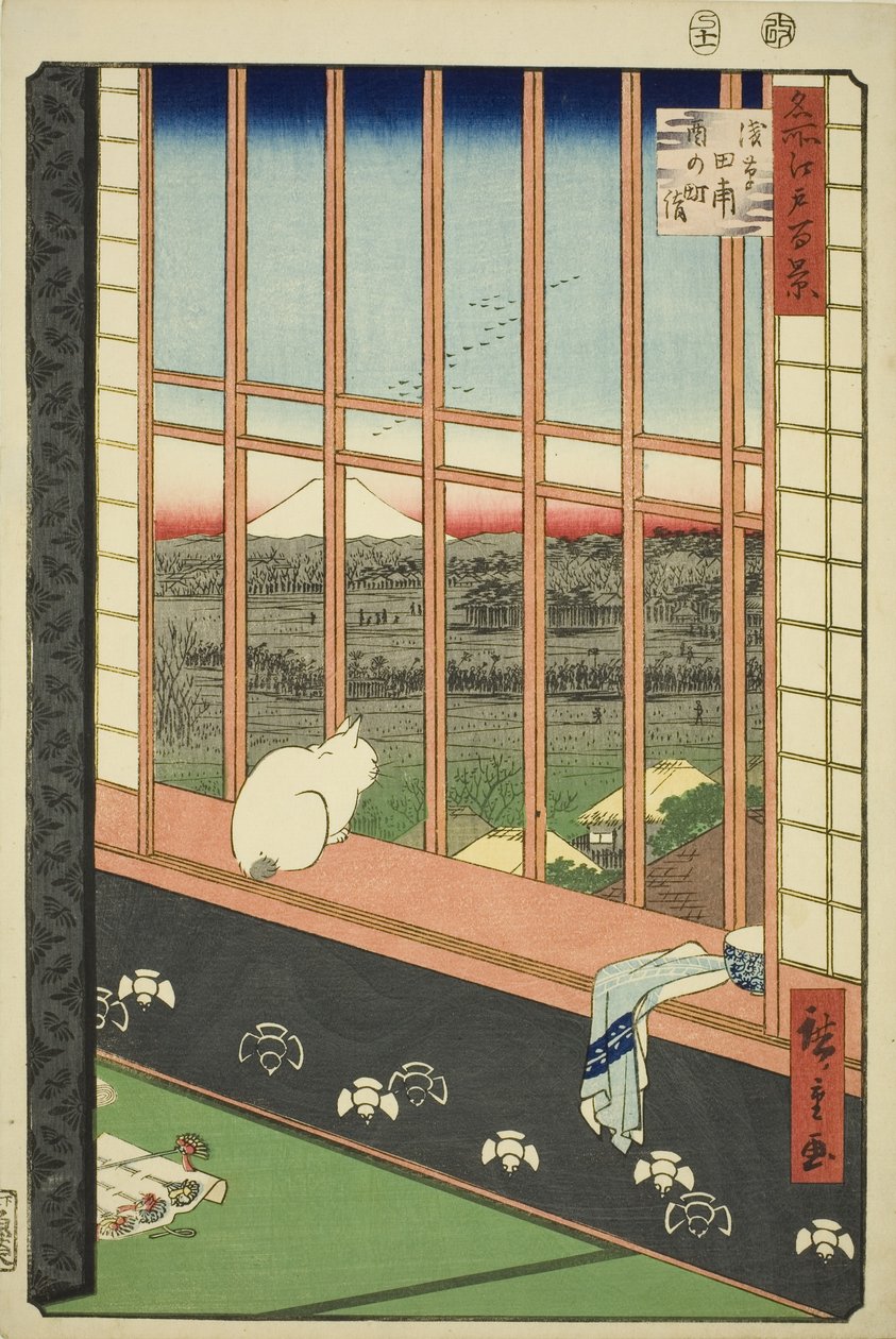 Asakusa lycee Fie lds plan d miasta feschival (wymienione jest również miasto łowienia pól ryżowych Asakusa), z serii „Ridge d red fa net views f Edo (słynne miejsce 100 widoków Edo)” autorstwa Utagawa Hiroshige