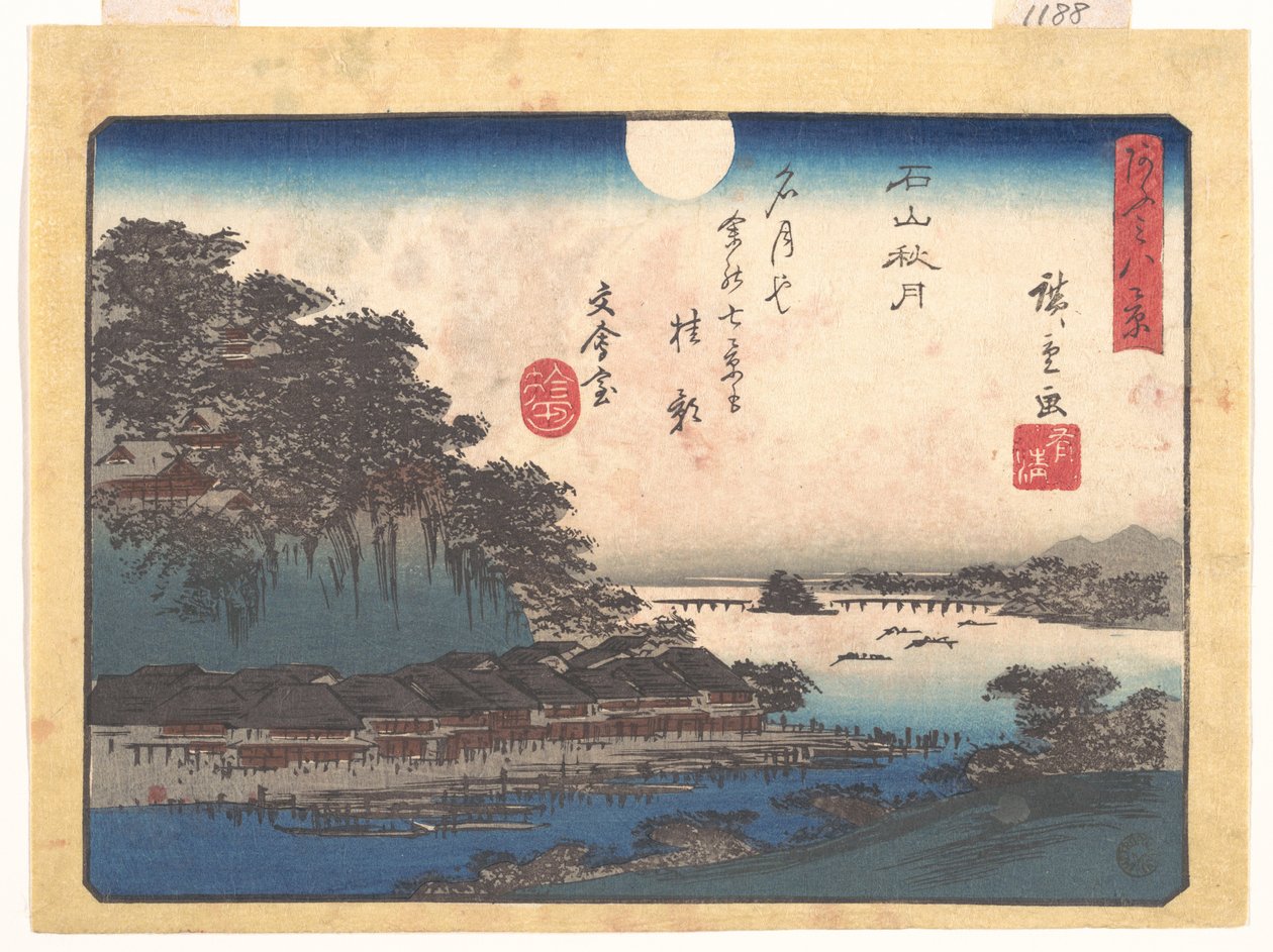 Jesienny księżyc w Ishiyamie, z serii Osiem widoków Ōmi (Ōmi hakkei) autorstwa Utagawa Hiroshige