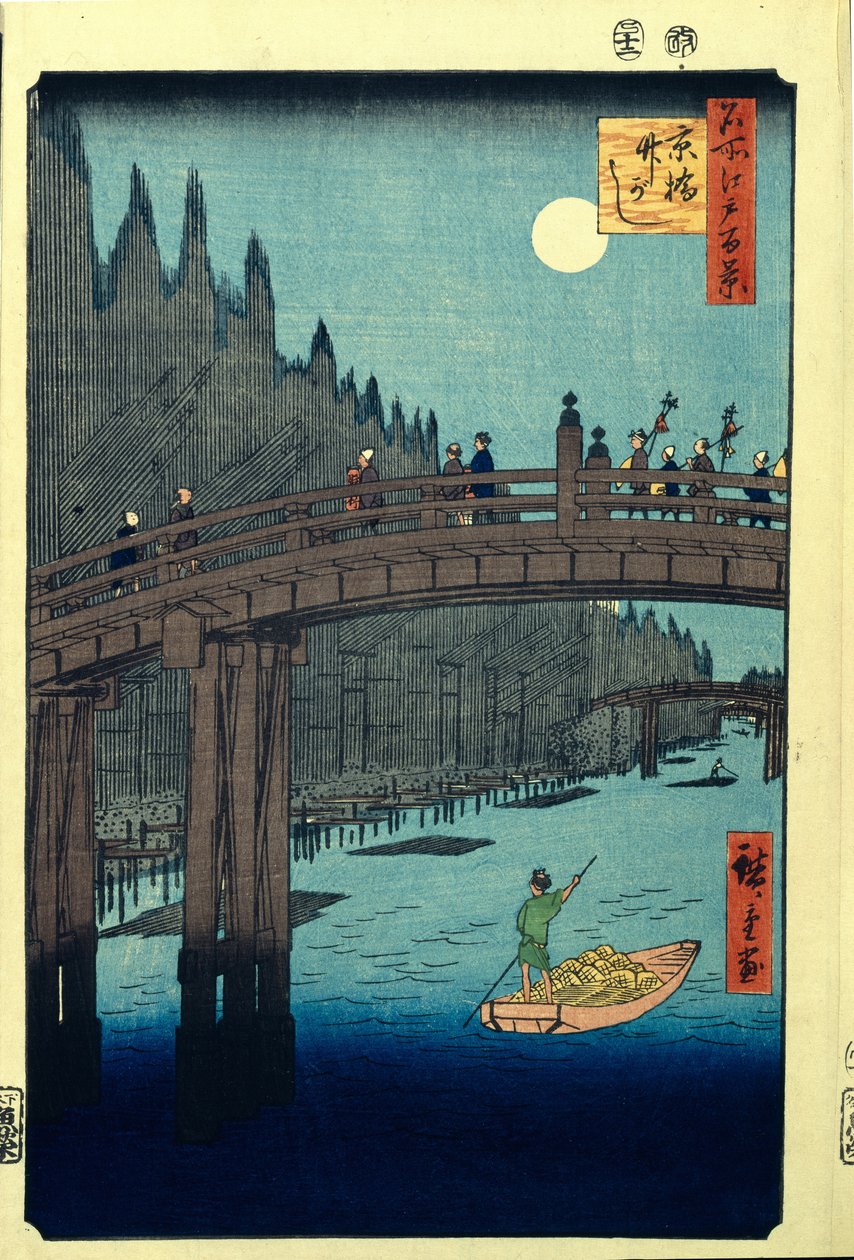 Nabrzeże Bambusowe przy moście Kyobashi. Sto słynnych widoków Edo, c. 1858 autorstwa Utagawa Hiroshige