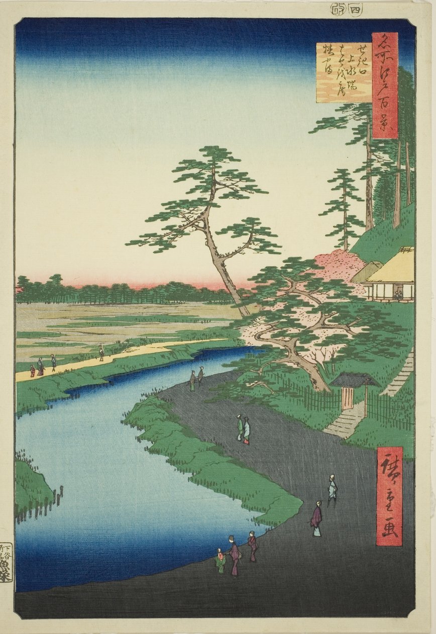 Chata Basho na wzgórzu kameliowym obok akwadu w Sekiguchi (Sekiguchi josui-bata Bashoan Tsubakiyama), z serii "Sto słynnych widoków Edo (Meisho Edo hyakkei)". autorstwa Utagawa Hiroshige