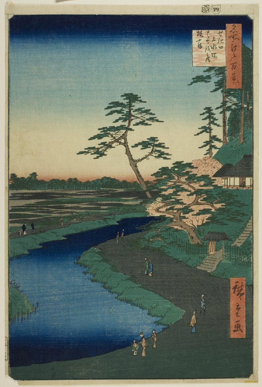 Chata Basho na wzgórzu kameliowym obok akwadu w Sekiguchi, z serii "Sto słynnych widoków Edo (Meisho Edo hyakkei)". autorstwa Utagawa Hiroshige