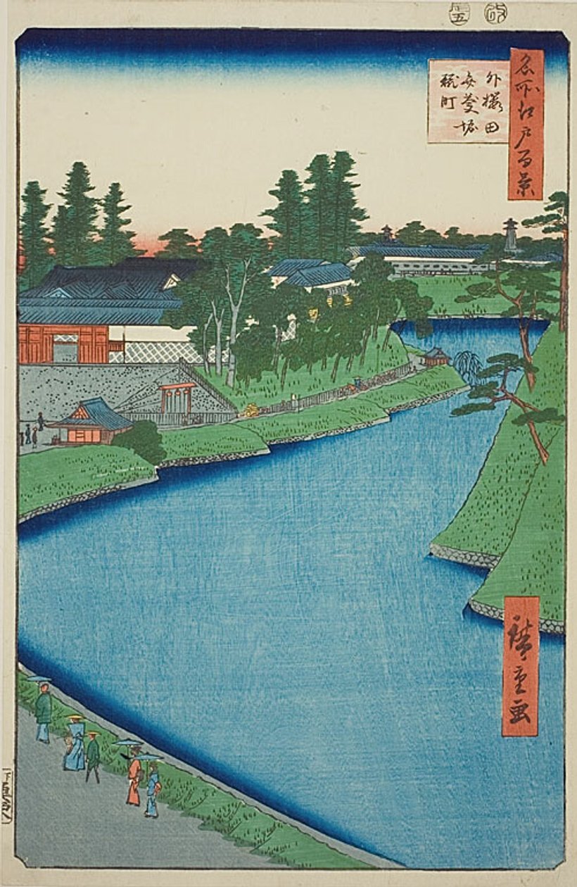 Fosa Benkei z Soto-Sakurada do Kojimachi (Soto Sakurada Benkeibori Kojimachi), nr 54 z serii "Sto słynnych widoków Edo (Meisho Edo hyakkei)". autorstwa Utagawa Hiroshige
