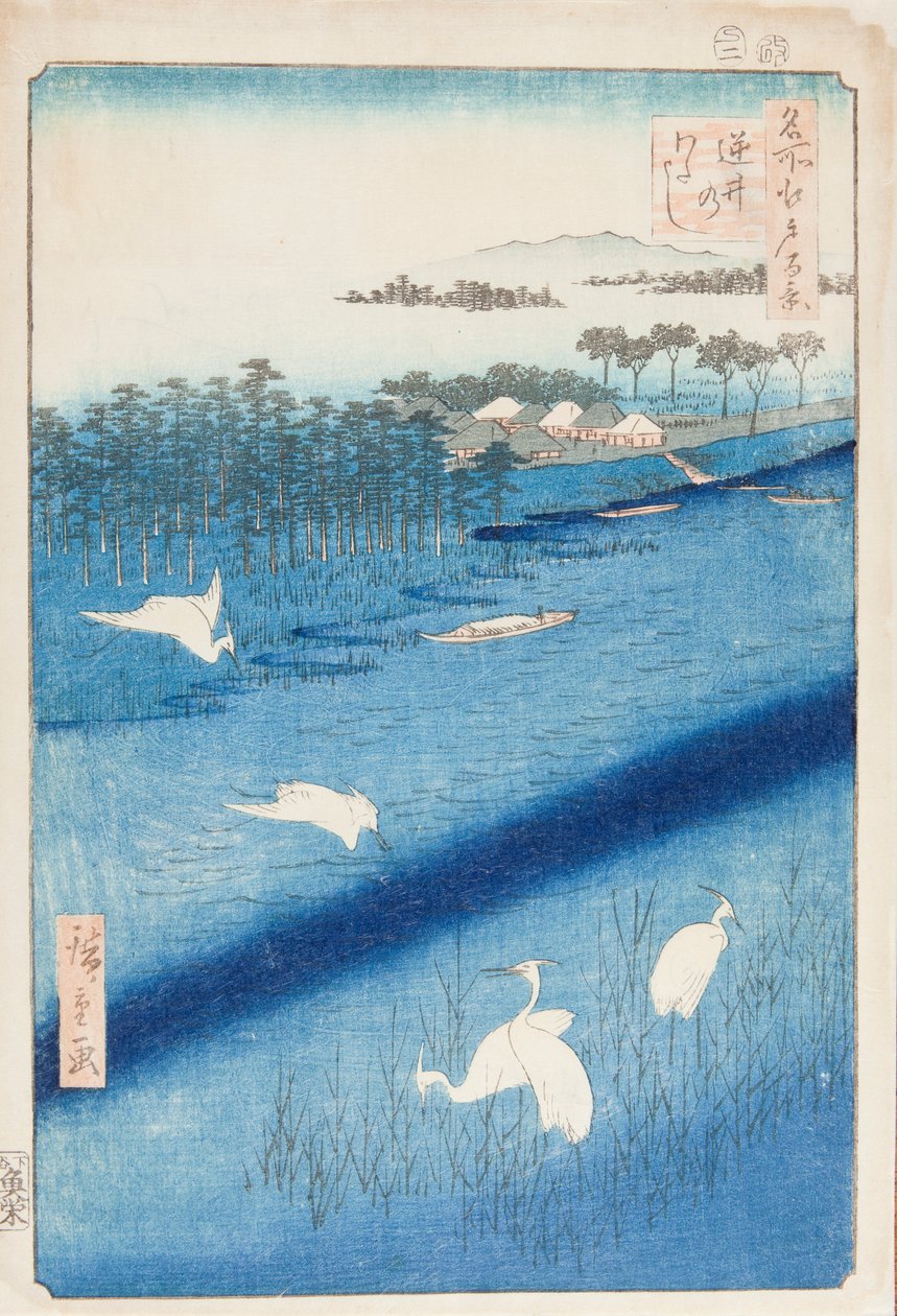 Białe czaple nad rzeką Sakasai / Sakasai no watashi, plansza 58. z serii: Sto słynnych widoków Edo / Meisho Edo hyakkei autorstwa Utagawa Hiroshige