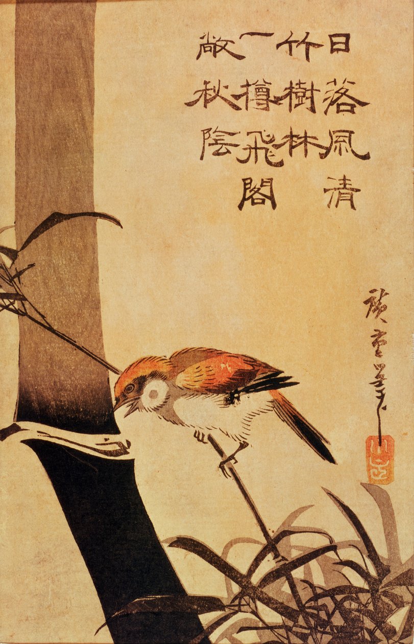 Ptak i bambus, ok. 1830, (kolorowy drzeworyt) autorstwa Utagawa Hiroshige