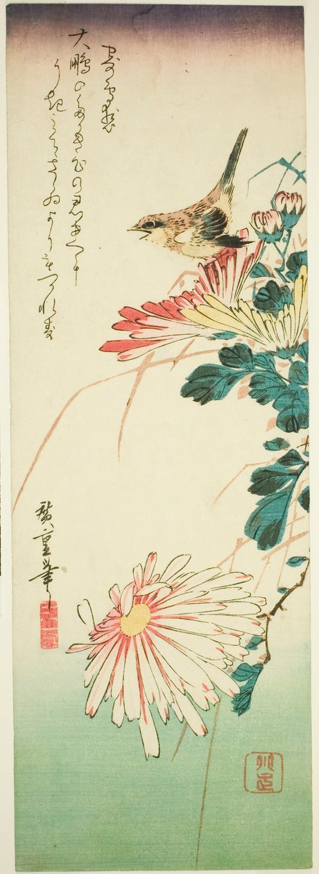 Ptak i chryzantemy autorstwa Utagawa Hiroshige