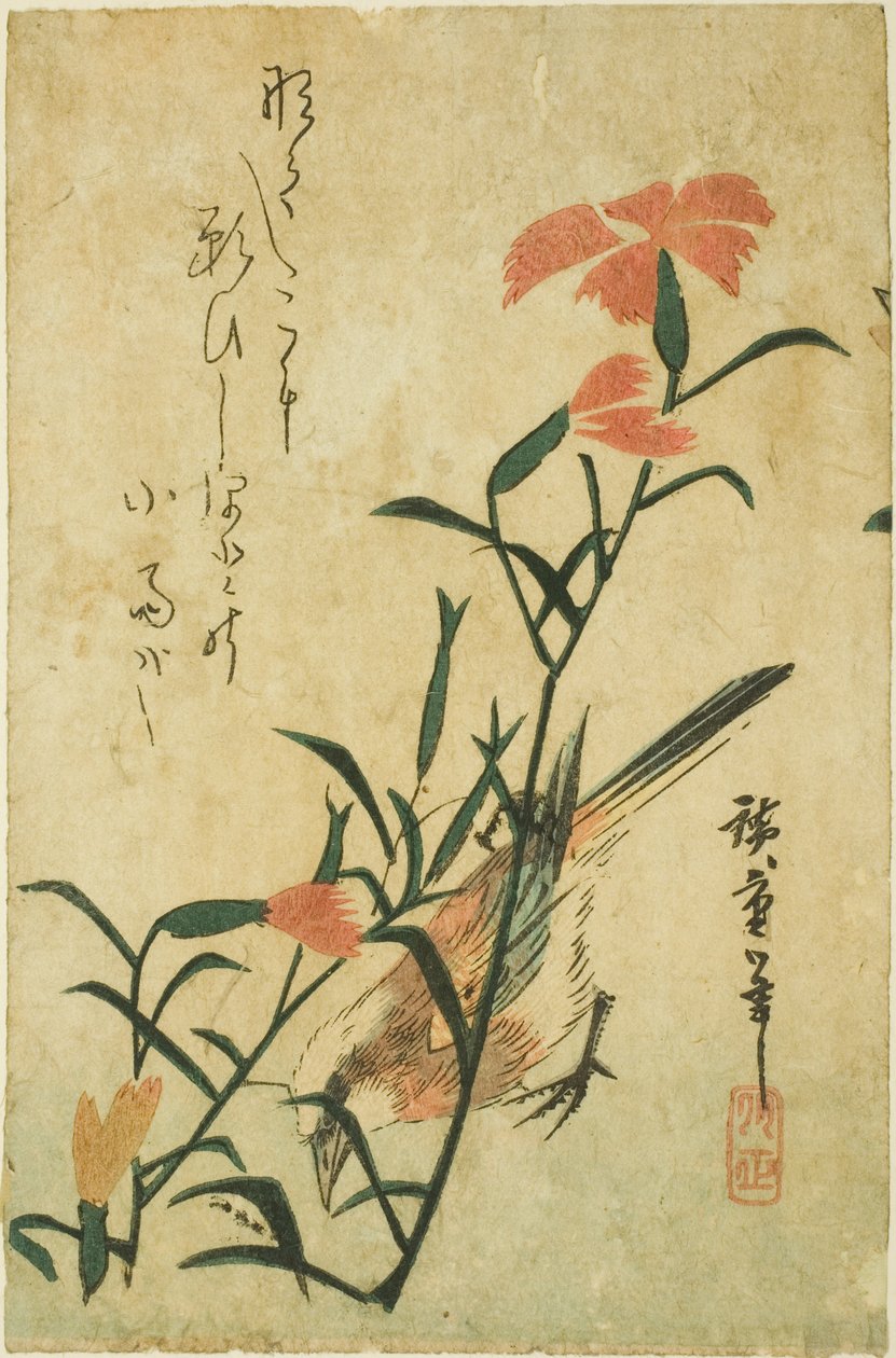 Ptak i dziki goździk autorstwa Utagawa Hiroshige