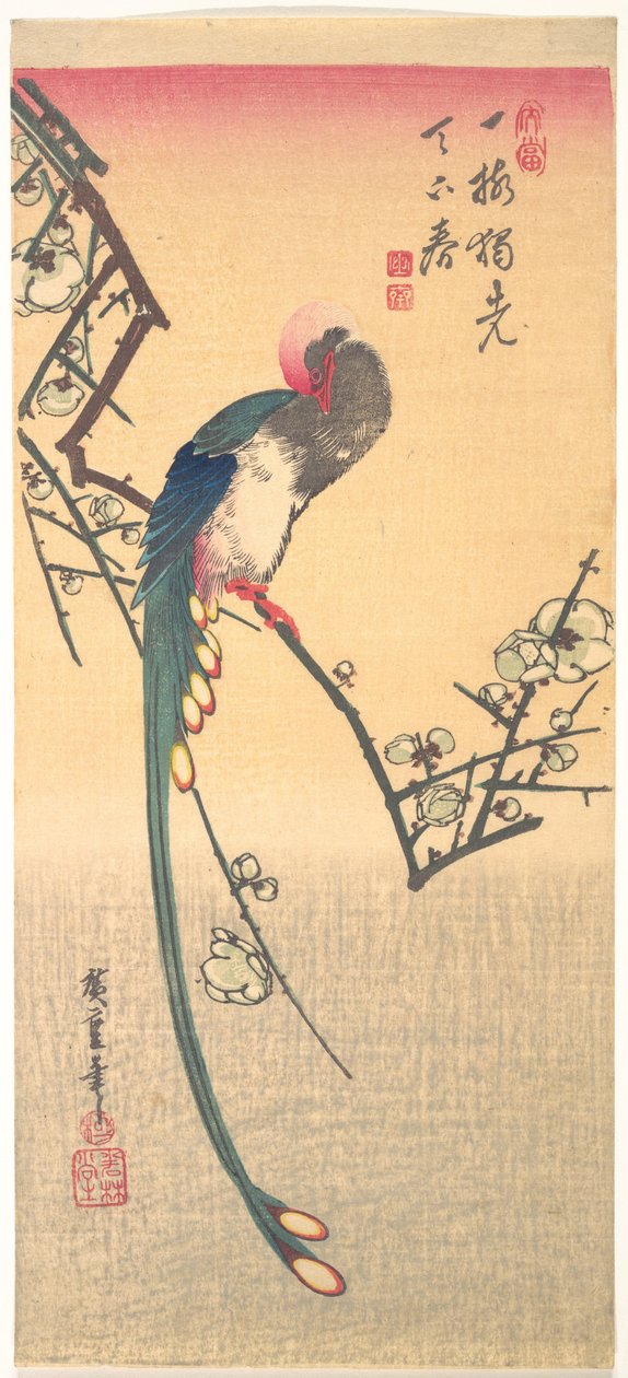 Ptak na gałęzi śliwy autorstwa Utagawa Hiroshige