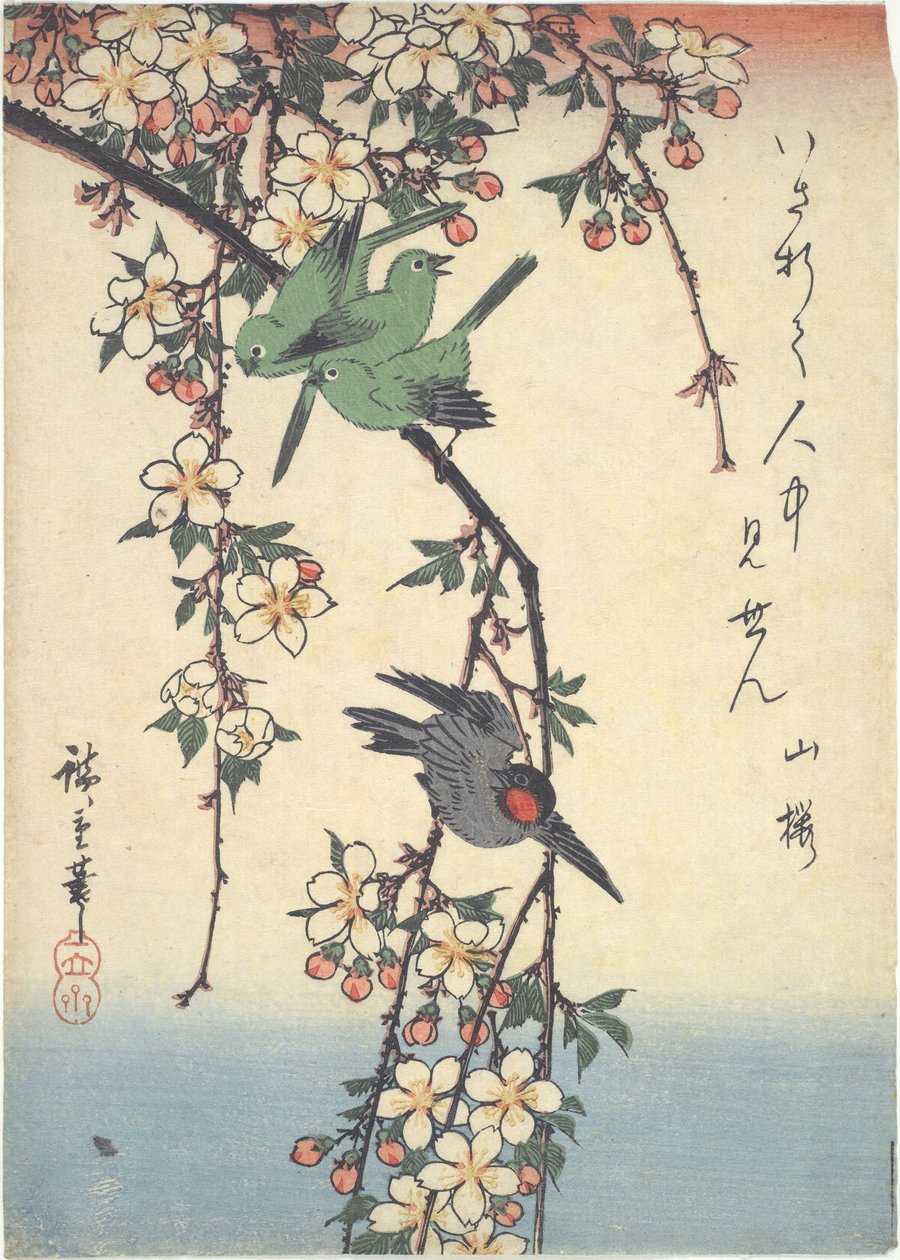 Ptaki na gałęzi wiśni autorstwa Utagawa Hiroshige