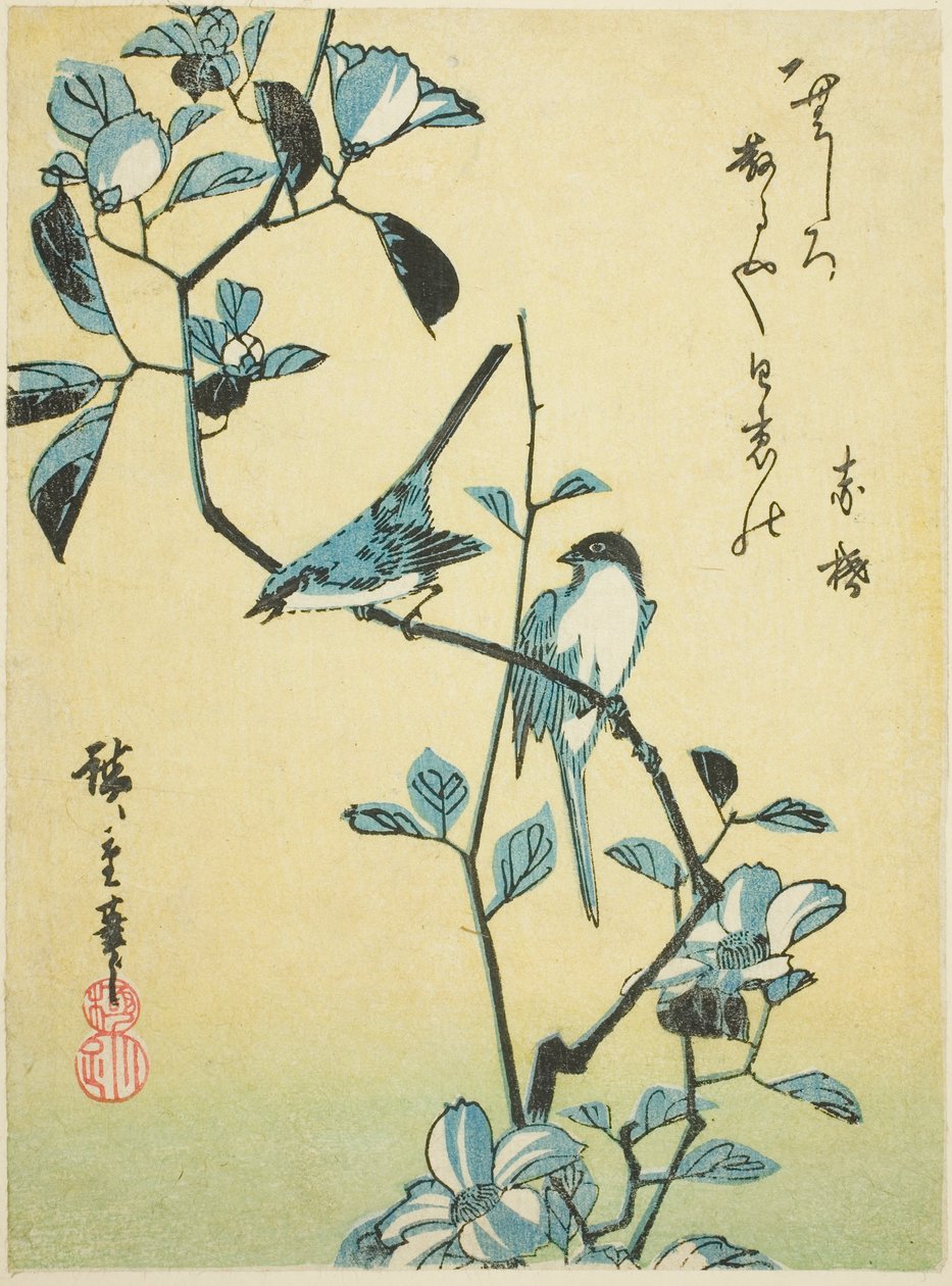 Ptaki na gałęzi kamelii autorstwa Utagawa Hiroshige