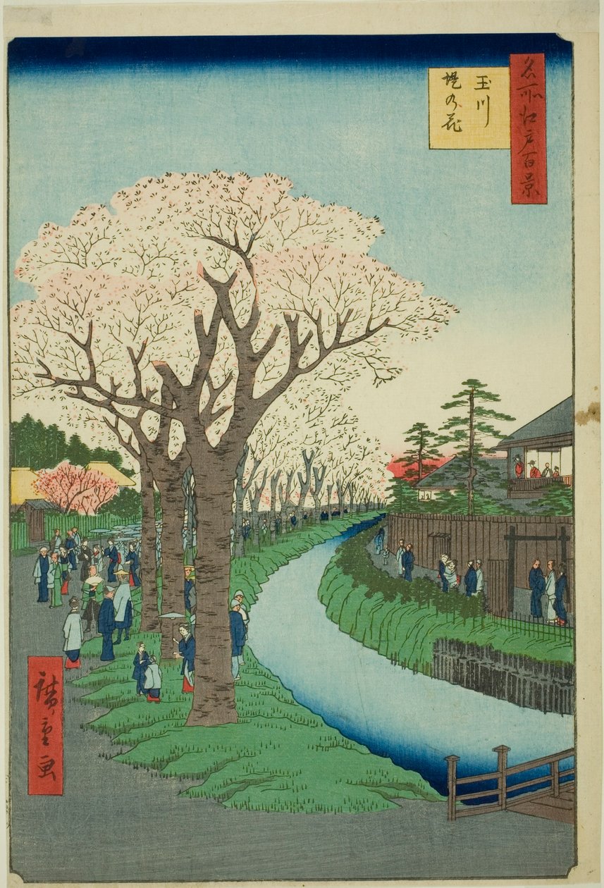 Bosso MS dźwięk te tama ri ver wersja malarska k strona t (Tama River - Tsutsumi no Hana), z serii "Ridge d red d fa net views f Edo (Sto słynnych widoków Edo))" autorstwa Utagawa Hiroshige