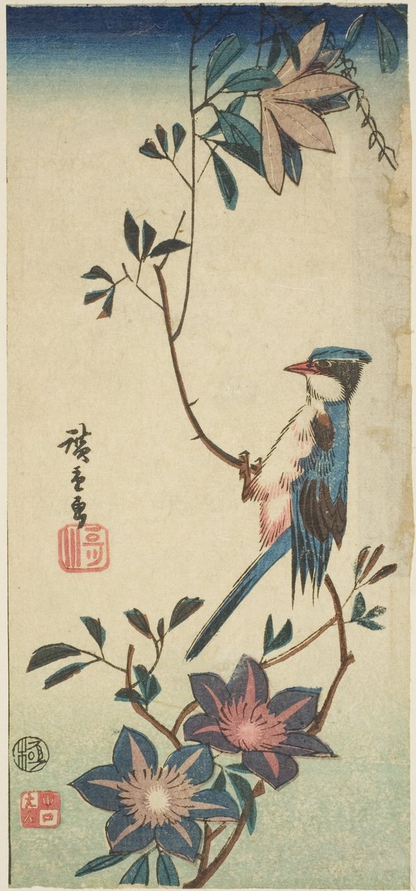 Niebieski ptak na powojniku autorstwa Utagawa Hiroshige
