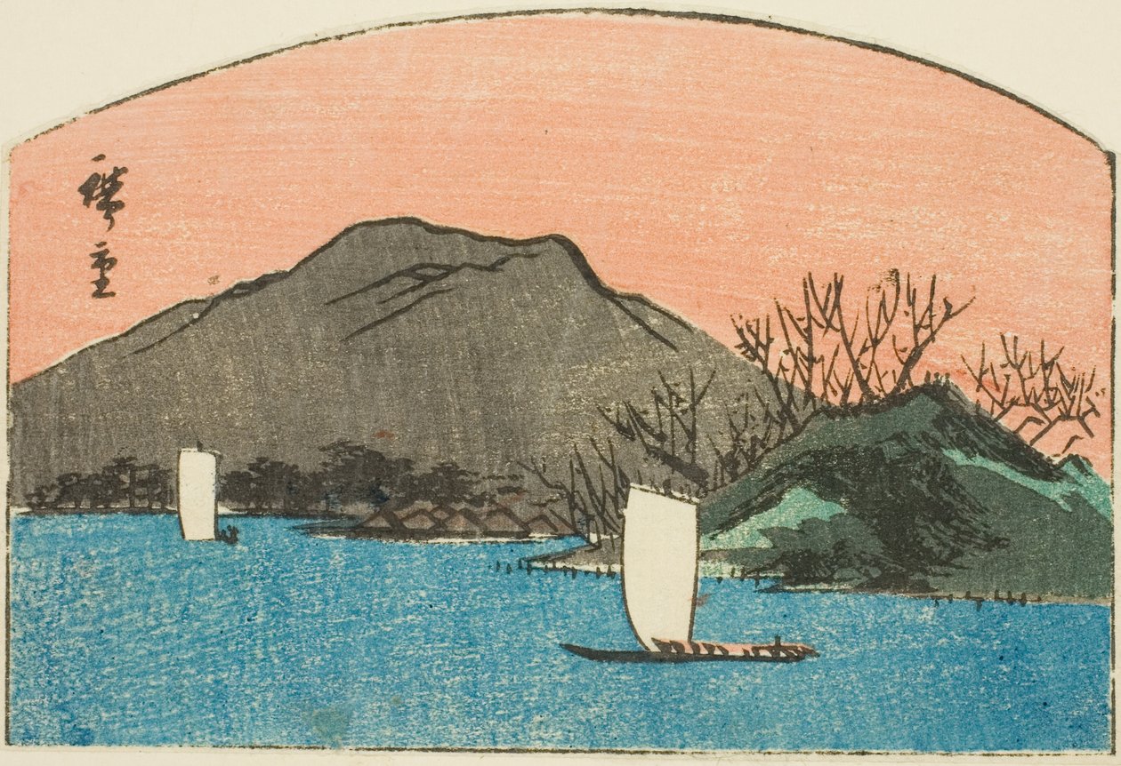 Łodzie na jeziorze, fragment bez tytułu druku harimaze autorstwa Utagawa Hiroshige