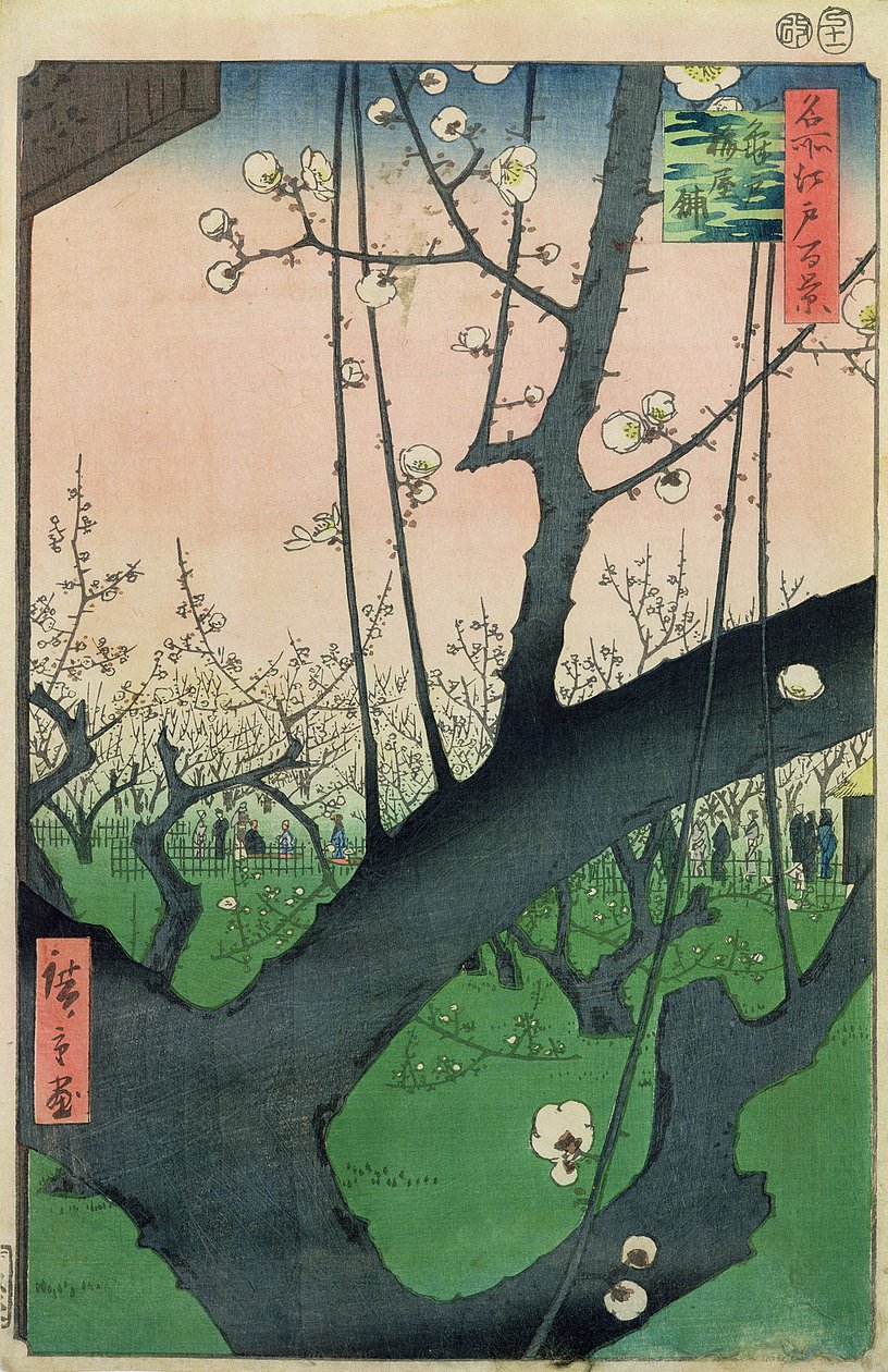 Gałąź kwitnącej śliwki (kolorowy drzeworyt) autorstwa Utagawa Hiroshige