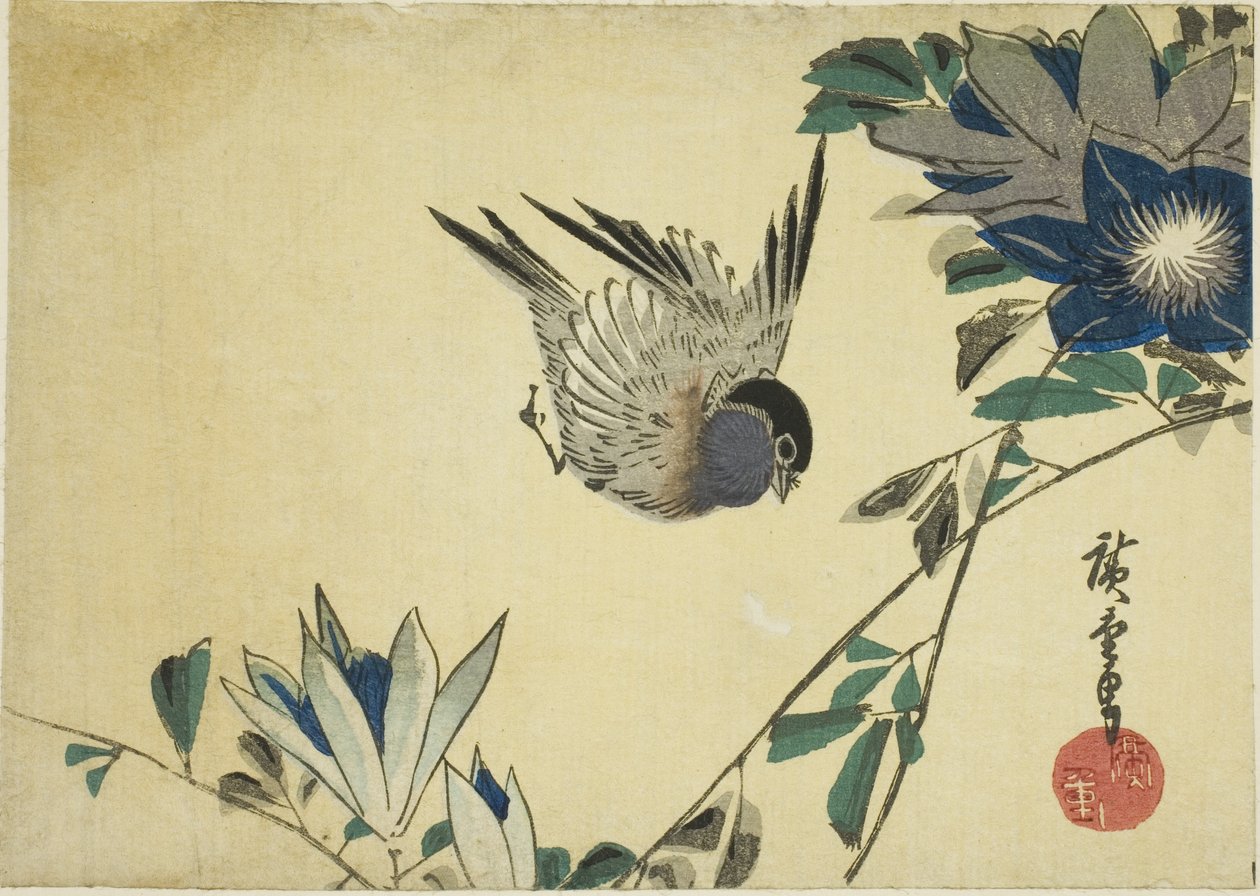 Gil zwyczajny i powojnik autorstwa Utagawa Hiroshige
