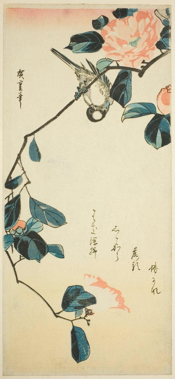 Gil zwyczajny na gałęzi kamelii autorstwa Utagawa Hiroshige