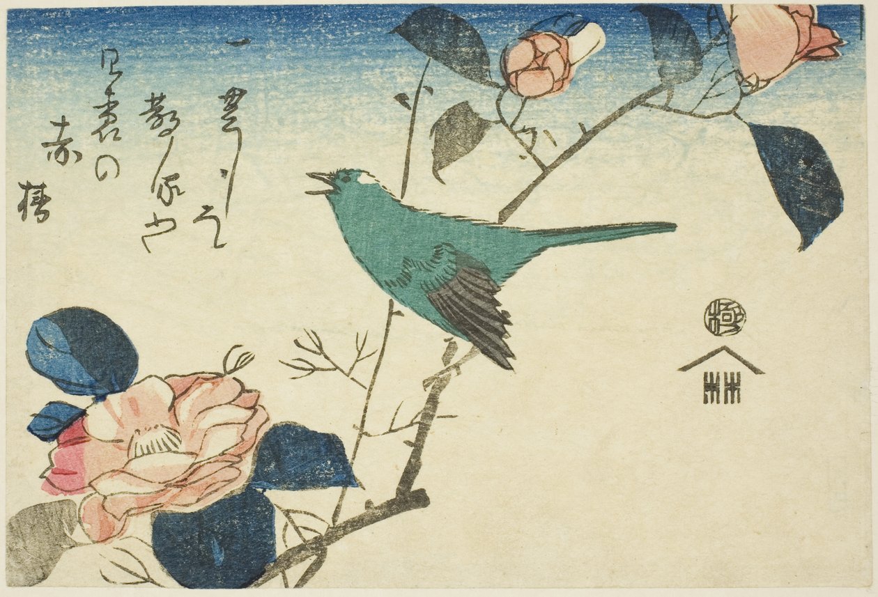 Lasówka krzewiasta i kamelia autorstwa Utagawa Hiroshige